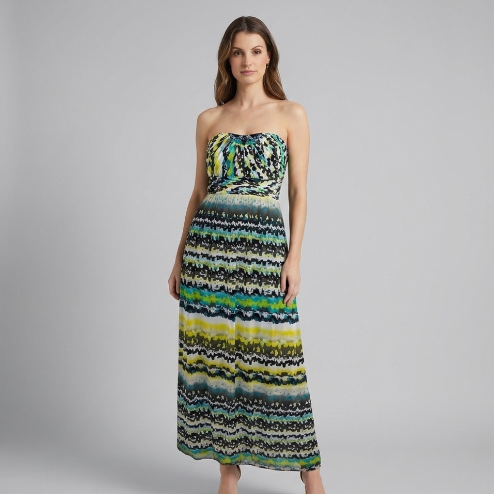 Max & Cleo Blue Yellow Multi Print Beaded Chiffon Strapless Maxi Gown Dress - 4 - Picture 1 of 9